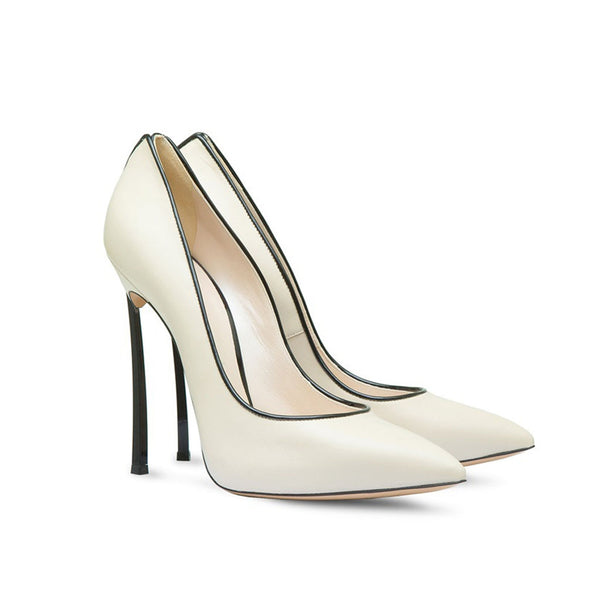 Elegant Contrast Trim Faux Leather Pointed Toe Stiletto Pumps - White