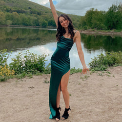 Elegant Cowl Neck Split Cami Satin Maxi Dress - Emerald Green – Luxedress