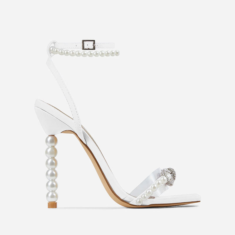 Elegant Crystal Bow PVC Square Toe Ankle Strap Pearl Heel Sandals - White