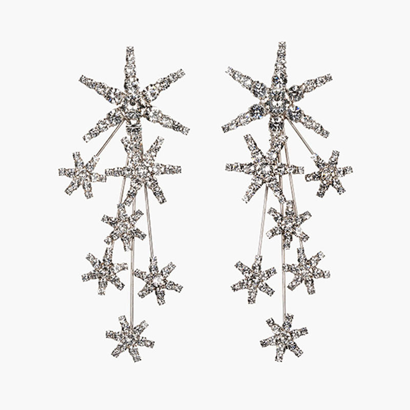Elegant Crystal Embellished Celestial Star Drop Earrings - Silver