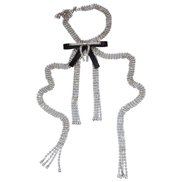 Elegant Faux Leather Trim Crystal Bow Tassel Choker Necklace - Silver