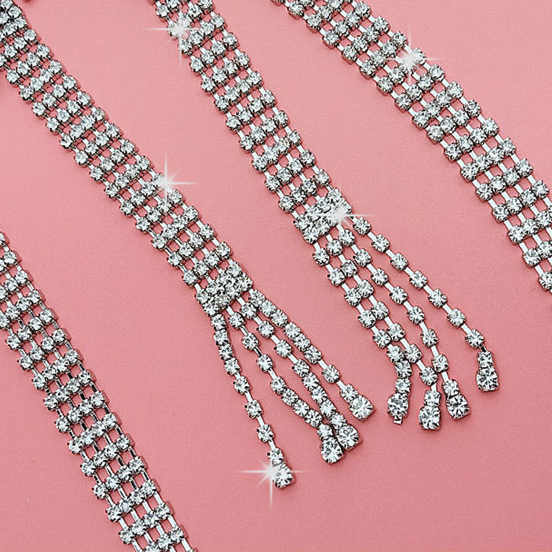 Elegant Faux Leather Trim Crystal Bow Tassel Choker Necklace - Silver