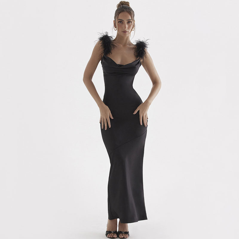 Elegant Feather Trim Draped Cowl Neck Satin Maxi Evening Dress - Black