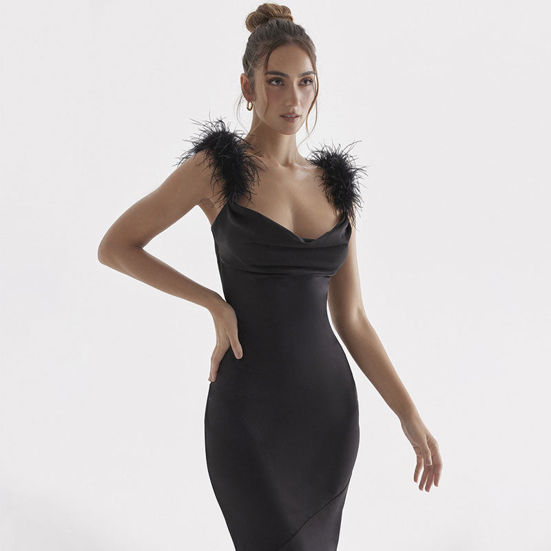Elegant Feather Trim Draped Cowl Neck Satin Maxi Evening Dress - Black