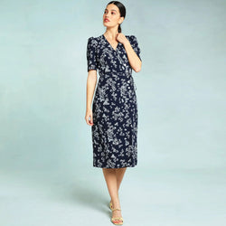 Elegant Floral Print Deep V Wrap Puff Sleeve Midi Dress - Blue