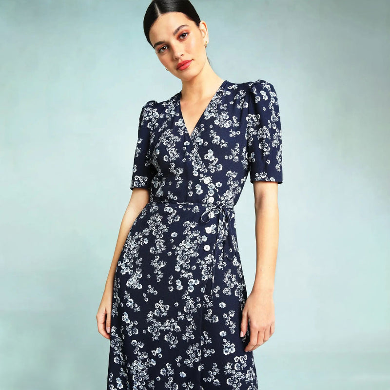 Elegant Floral Print Deep V Wrap Puff Sleeve Midi Dress - Blue