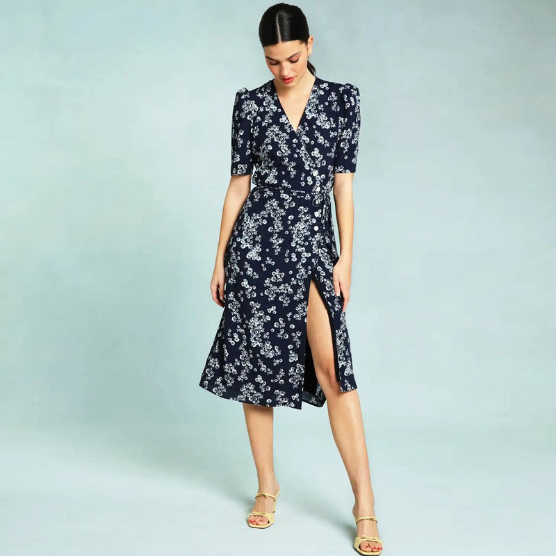 Elegant Floral Print Deep V Wrap Puff Sleeve Midi Dress - Blue