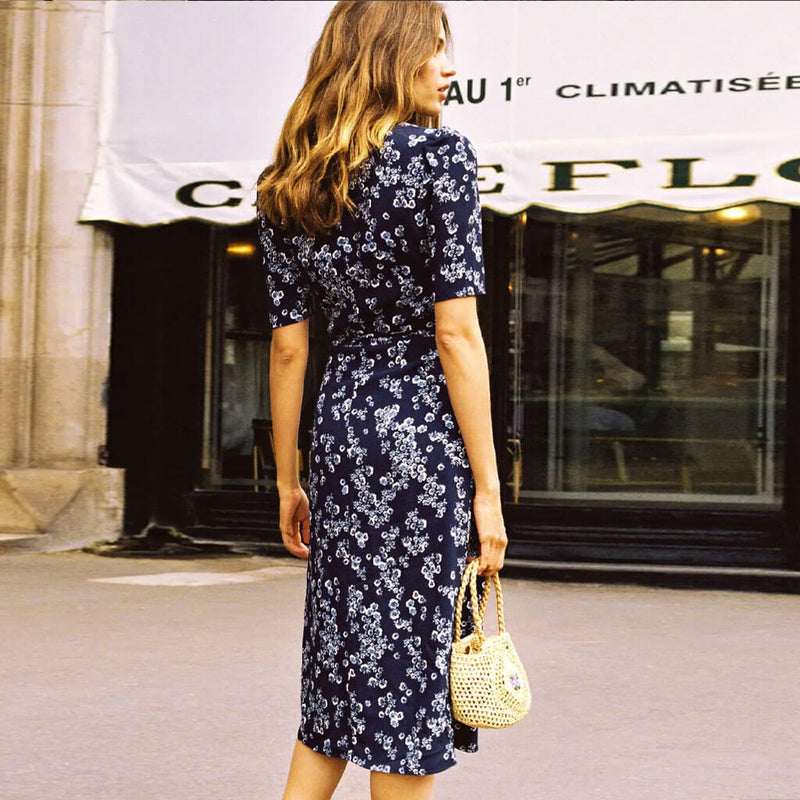 Elegant Floral Print Deep V Wrap Puff Sleeve Midi Dress - Blue