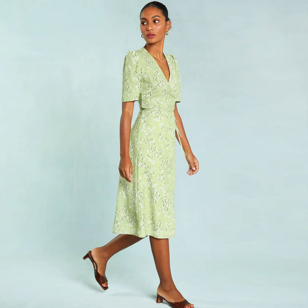 Elegant Floral Print Deep V Wrap Puff Sleeve Midi Dress - Green