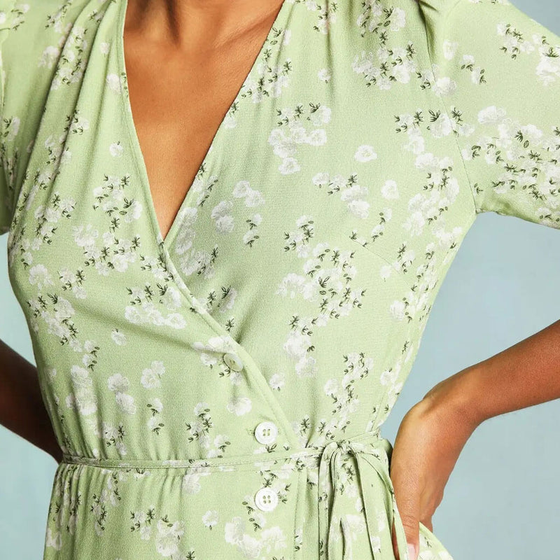 Elegant Floral Print Deep V Wrap Puff Sleeve Midi Dress - Green