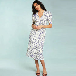 Elegant Floral Print Deep V Wrap Puff Sleeve Midi Dress - White
