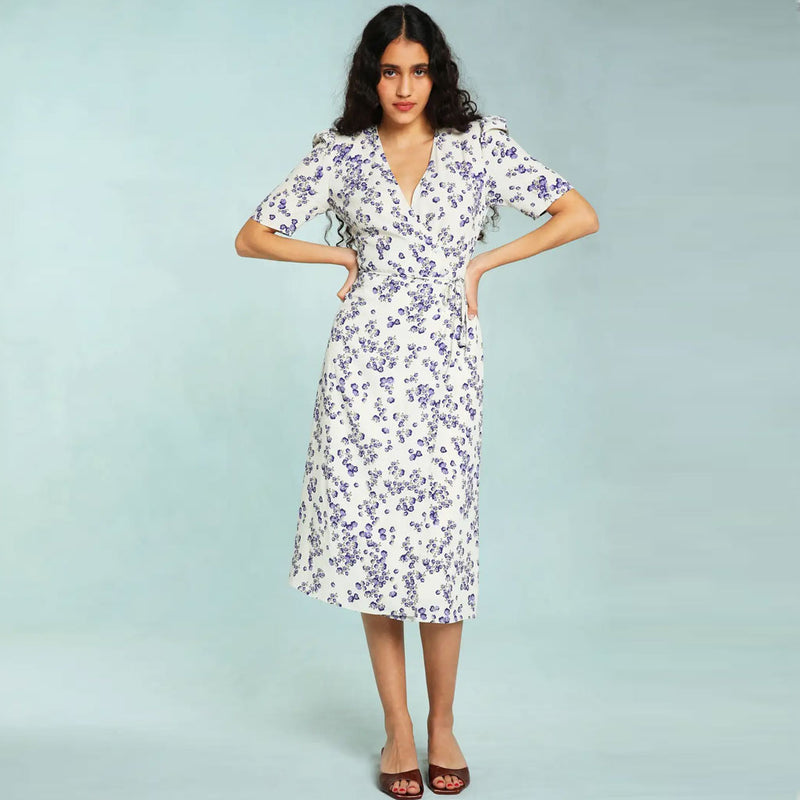 Elegant Floral Print Deep V Wrap Puff Sleeve Midi Dress - White