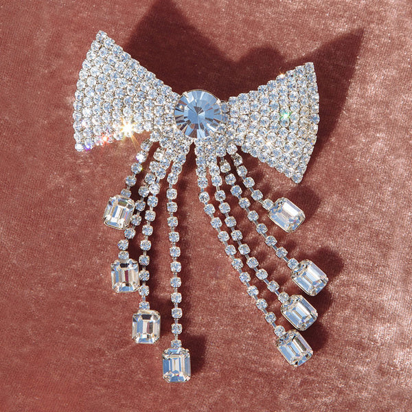 Elegant Fringe Crystal Embellished Bow Barette Hair Accessory - Silver