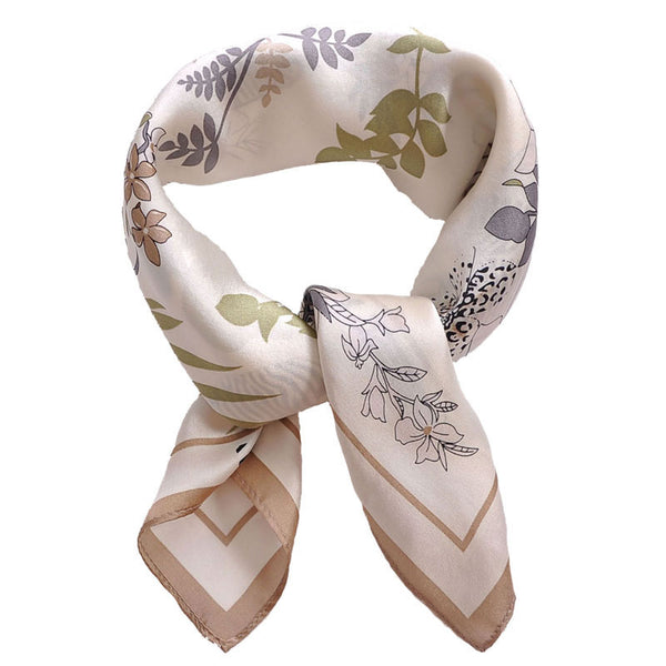 Elegant Geometric Striped Floral Print Silk Twill Scarf - Beige