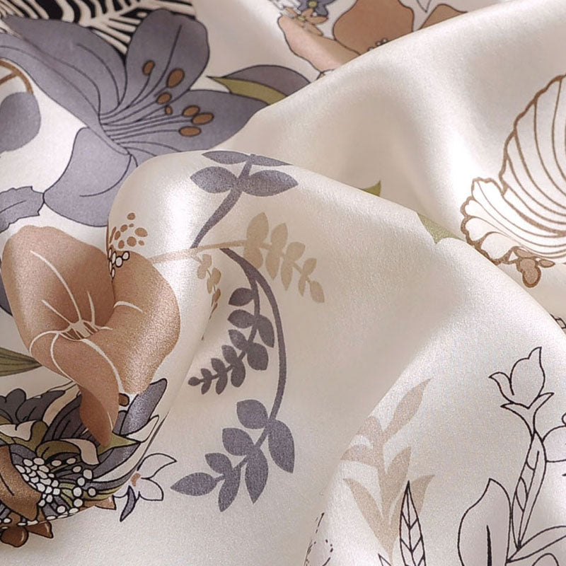 Elegant Geometric Striped Floral Print Silk Twill Scarf - Beige