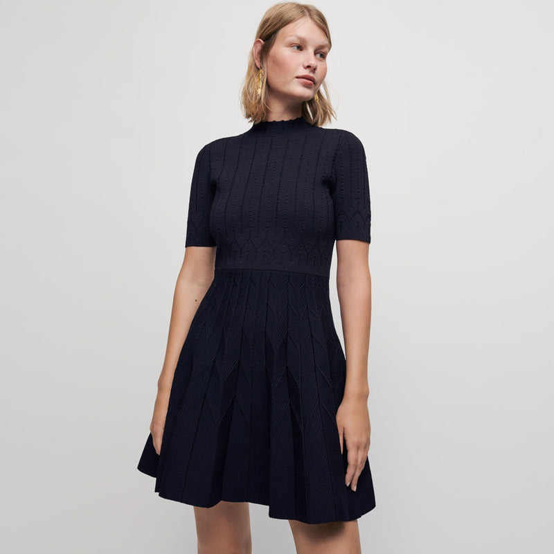 Elegant High Neck Sleeved Jacquard Knit Sweater Skater Mini Dress - Black