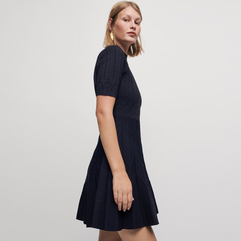 Elegant High Neck Sleeved Jacquard Knit Sweater Skater Mini Dress - Black
