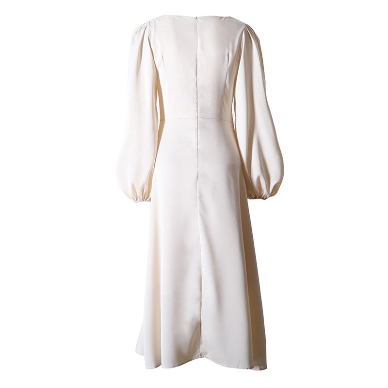 Elegant Imitation Pearl Beaded Ruched V Neck Puff Sleeve Midi Satin Dress
