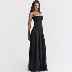 Elegant Lace Up Spaghetti Strap Fit and Flare Satin Maxi Evening Dress