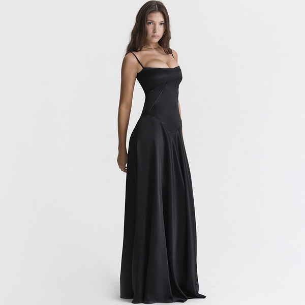 Elegant Lace Up Spaghetti Strap Fit and Flare Satin Maxi Evening Dress