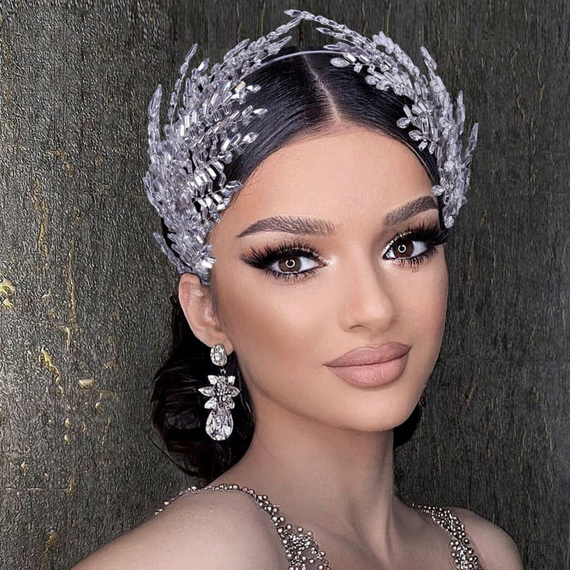 Elegant Leaf Effect Crystal Embellished Bridal Headband - Silver