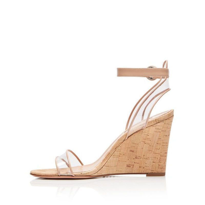 Elegant Leather Trimmed PVC Ankle Strap Cork Wedge Sandals - Apricot