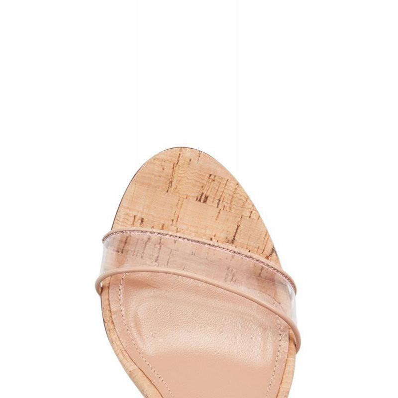 Elegant Leather Trimmed PVC Ankle Strap Cork Wedge Sandals - Apricot
