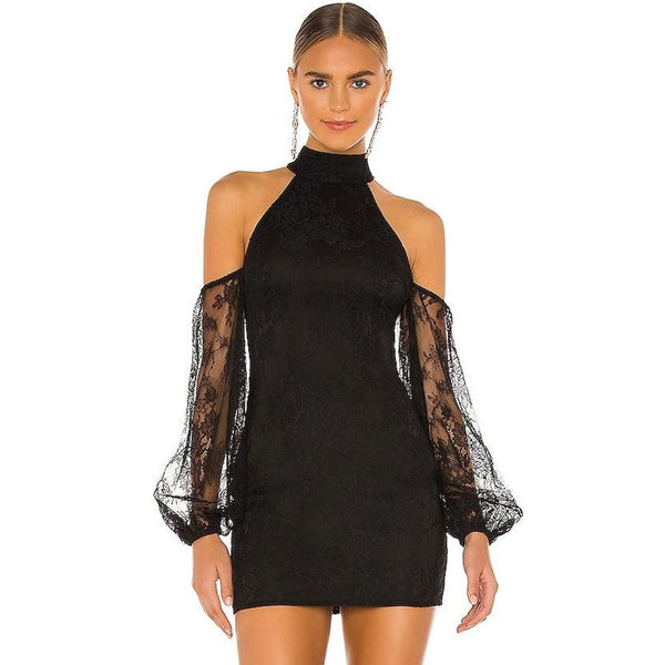Elegant Mock Neck Balloon Sleeve Bodycon Lace Mini Dress - Black