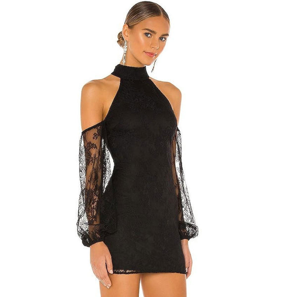 Elegant Mock Neck Balloon Sleeve Bodycon Lace Mini Dress - Black