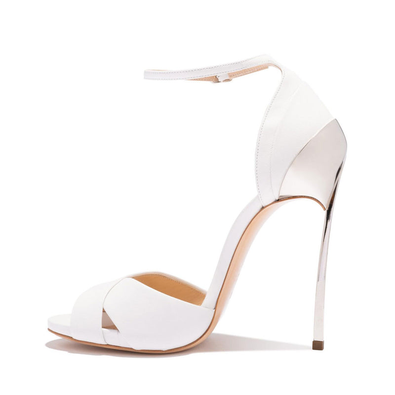 Elegant Patent Leather Round Toe Ankle Strap Stiletto Sandals - White