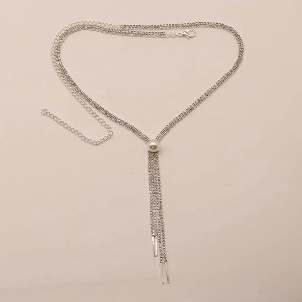 Elegant Pearl Detail Rhinestone Embellished Tassel Lariat Necklace - Silver
