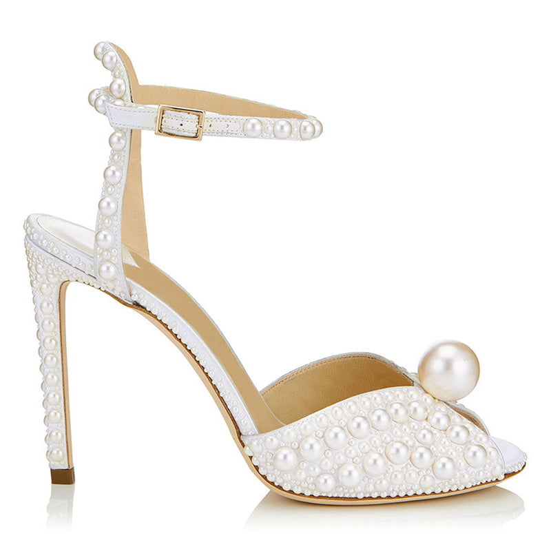 Elegant Pearl Embellished Peep Toe Stiletto Sandals - White