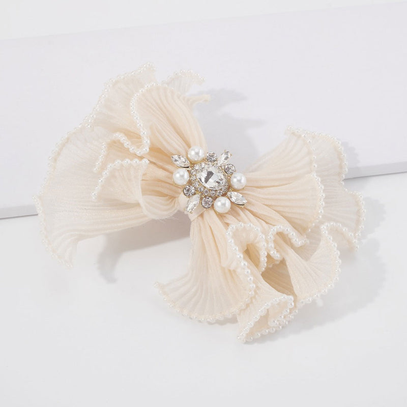 Elegant Pearl Embellished Rhinestone Charm Organza Bowknot Hairpin - Beige