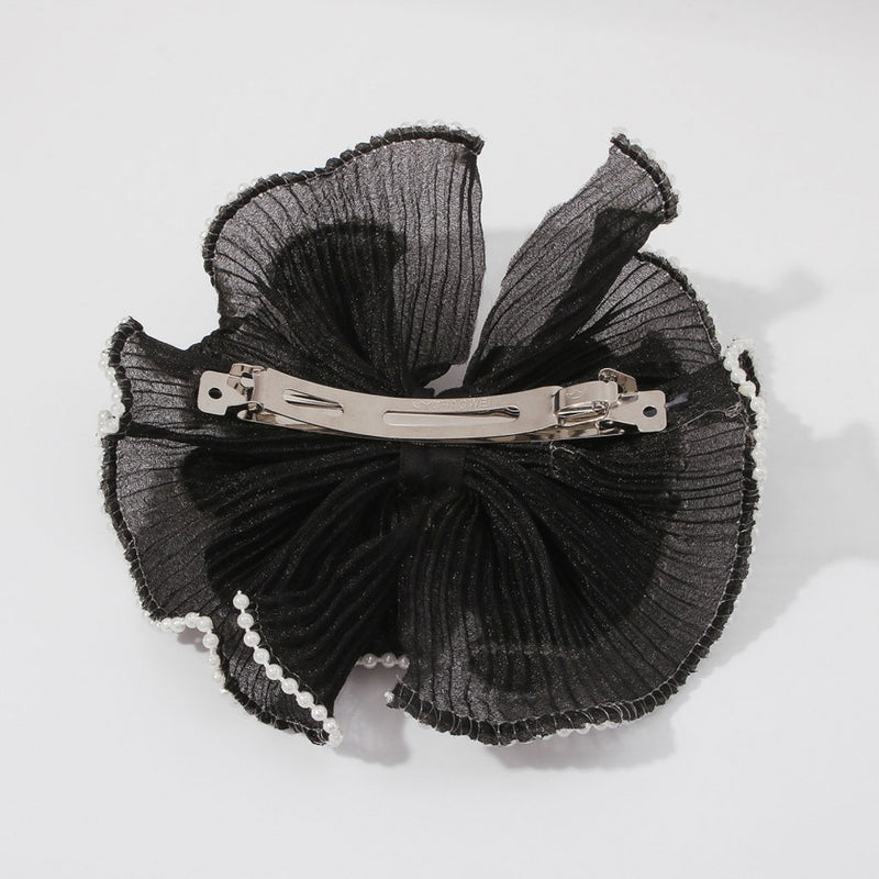 Elegant Pearl Embellished Rhinestone Charm Organza Bowknot Hairpin - Black