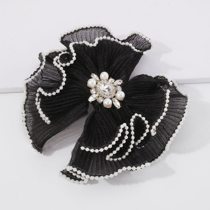 Elegant Pearl Embellished Rhinestone Charm Organza Bowknot Hairpin - Black