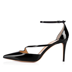 Elegant Pointed Toe Ankle Strap Patent Leather Stiletto Pumps - Black
