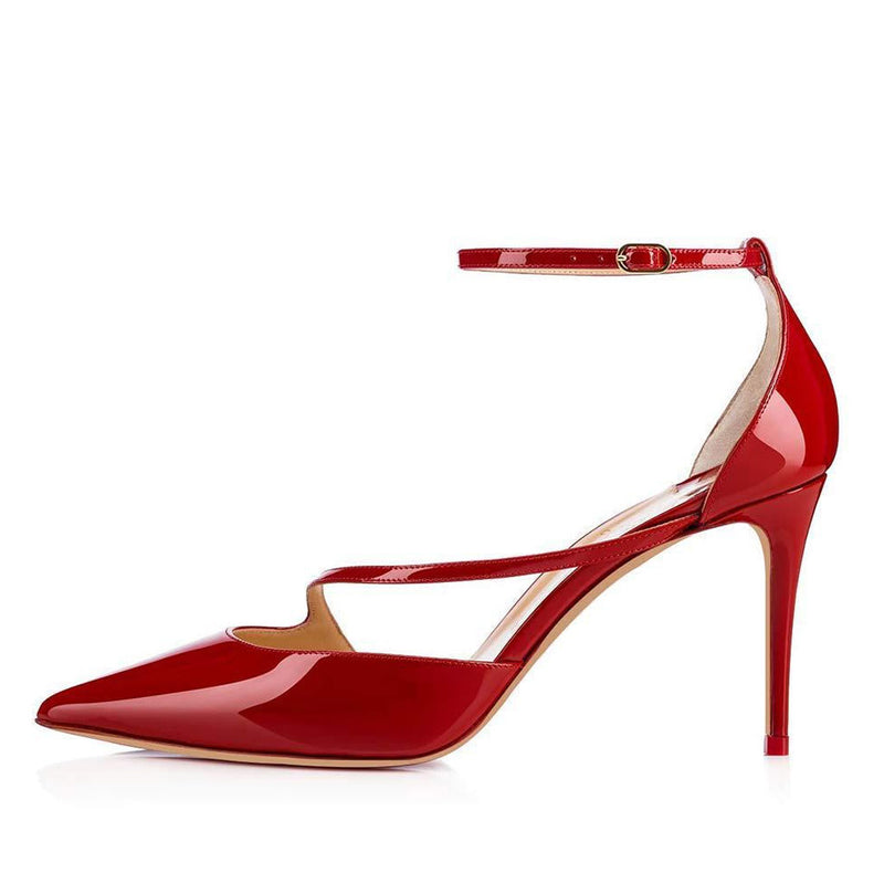 Elegant Pointed Toe Ankle Strap Patent Leather Stiletto Pumps - Red