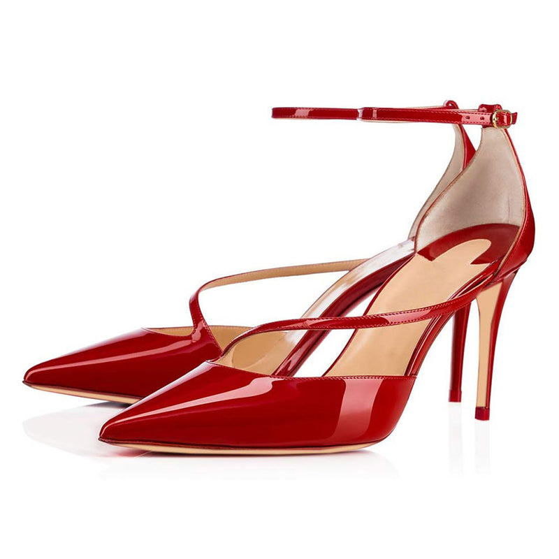 Elegant Pointed Toe Ankle Strap Patent Leather Stiletto Pumps - Red