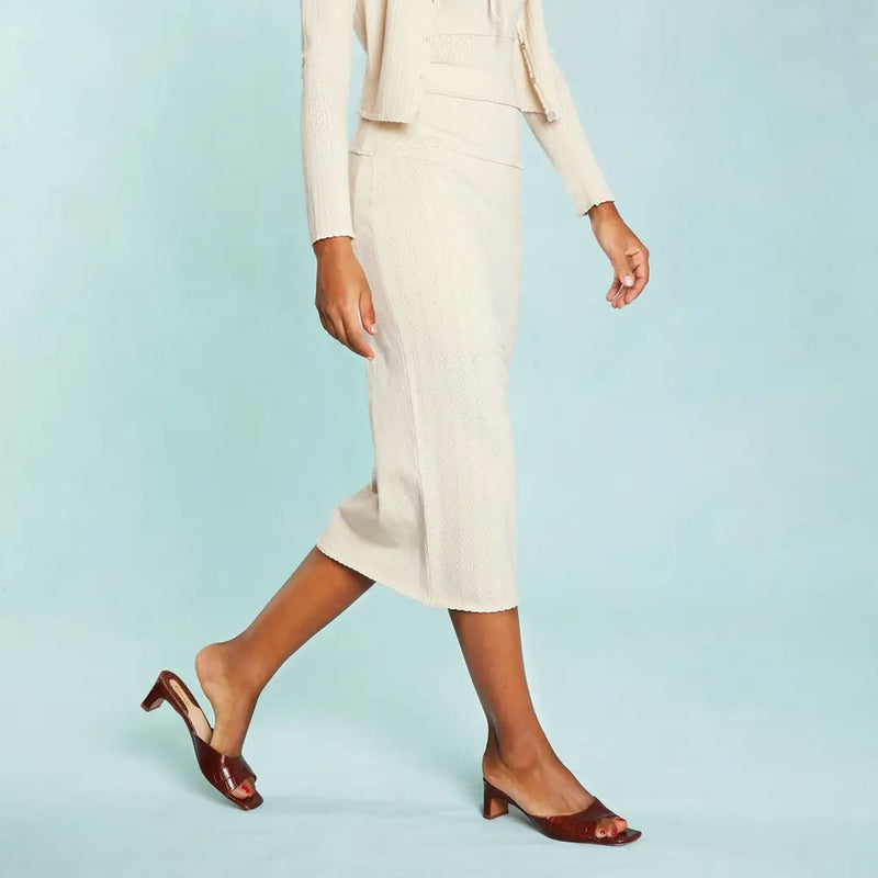 Elegant Pointelle Detail Scalloped High Waist Knit Midi Skirt - Cream