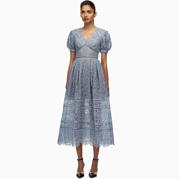 Elegant Puff Sleeve V Neck Embroidered Lace Midi Dress - Dusty Blue
