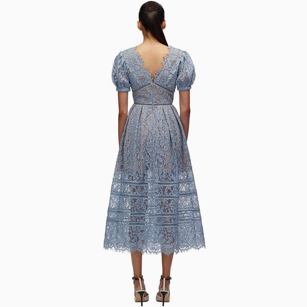 Elegant Puff Sleeve V Neck Embroidered Lace Midi Dress - Dusty Blue