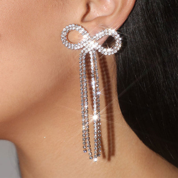 Elegant Rhinestone Embellished Bow Fringe Long Drop Earrings - Silver