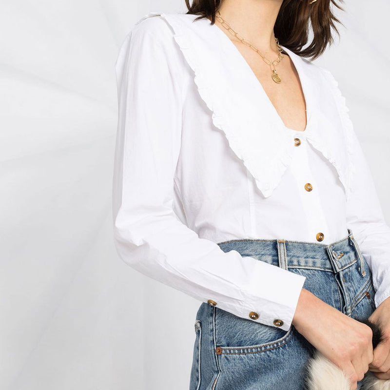 Elegant Ruffle Babydoll Collar Long Sleeve Button Front Blouse - White