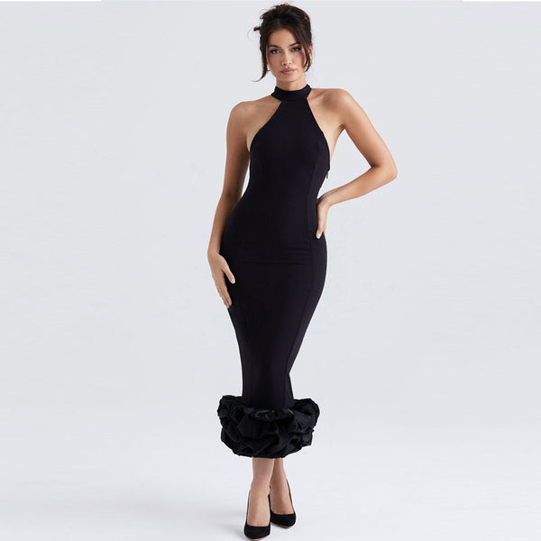 Elegant Ruffle Trim High Neck Sleeveless Bodycon Midi Dress - Black