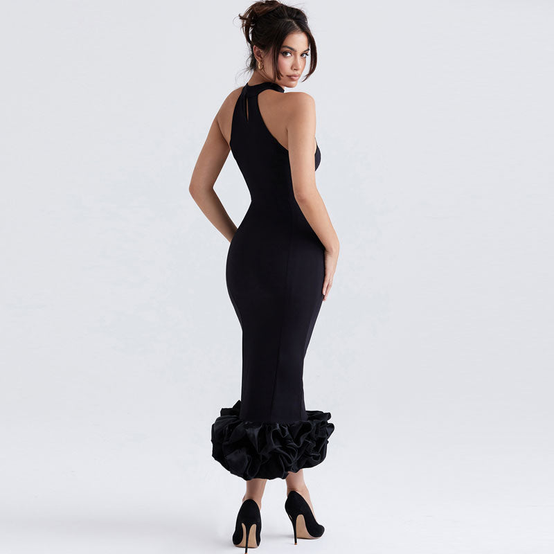 Elegant Ruffle Trim High Neck Sleeveless Bodycon Midi Dress - Black