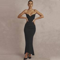 Elegant Satin Sweetheart Strapless Bustier Midi Mermaid Dress - Black