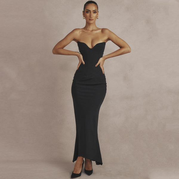 Elegant Satin Sweetheart Strapless Bustier Midi Mermaid Dress - Black