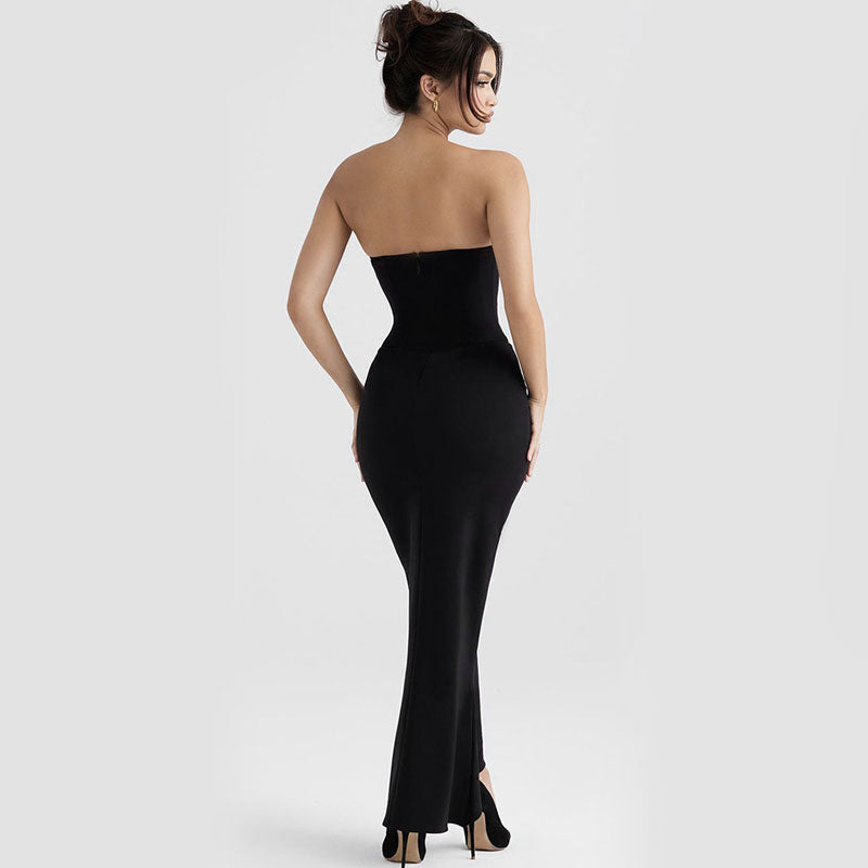 Elegant Satin Sweetheart Strapless Bustier Midi Mermaid Dress - Black