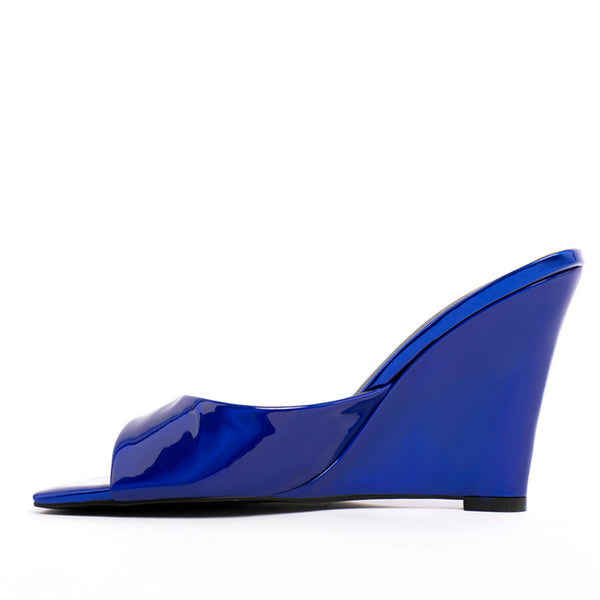 Elegant Square Toe Patent Leather Wedge Mules - Cobalt Blue