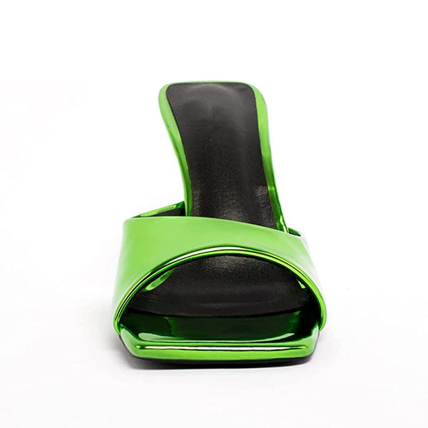 Elegant Square Toe Patent Leather Wedge Mules - Green